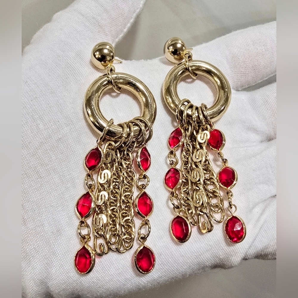 Vintage Red Rhinestone Boho Gold Tone Dangle Earrings